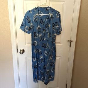 RARE ORIGINAL True Vintage 1940s Flower Print Blue Cotton Dress Size XL
